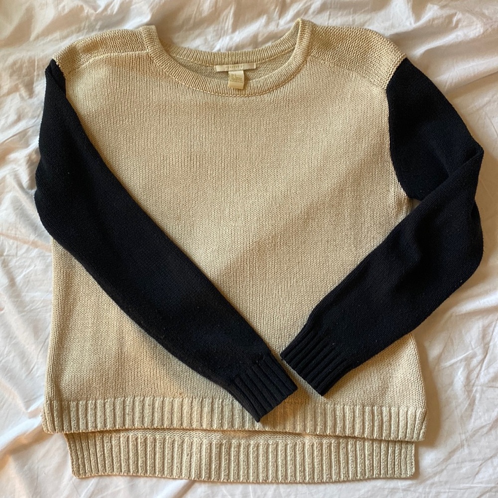 Cream/oatmeal and black colorblock sweater with metallic thread
